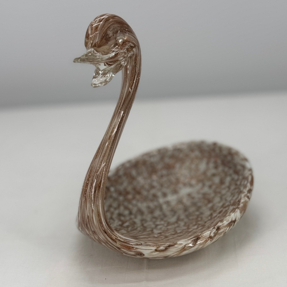 Vintage Hand Blown Glass Swan Trinket Dish Gold & White Sparkling Art Glass Bowl